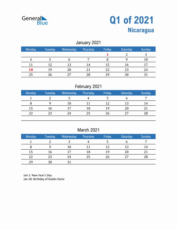 Nicaragua 2021 Quarterly Calendar with Monday Start
