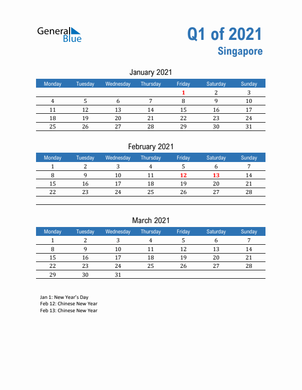 Singapore 2021 Quarterly Calendar with Monday Start
