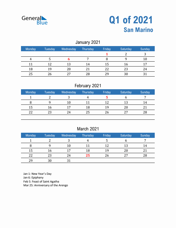 San Marino 2021 Quarterly Calendar with Monday Start