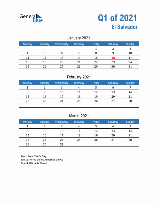 El Salvador 2021 Quarterly Calendar with Monday Start