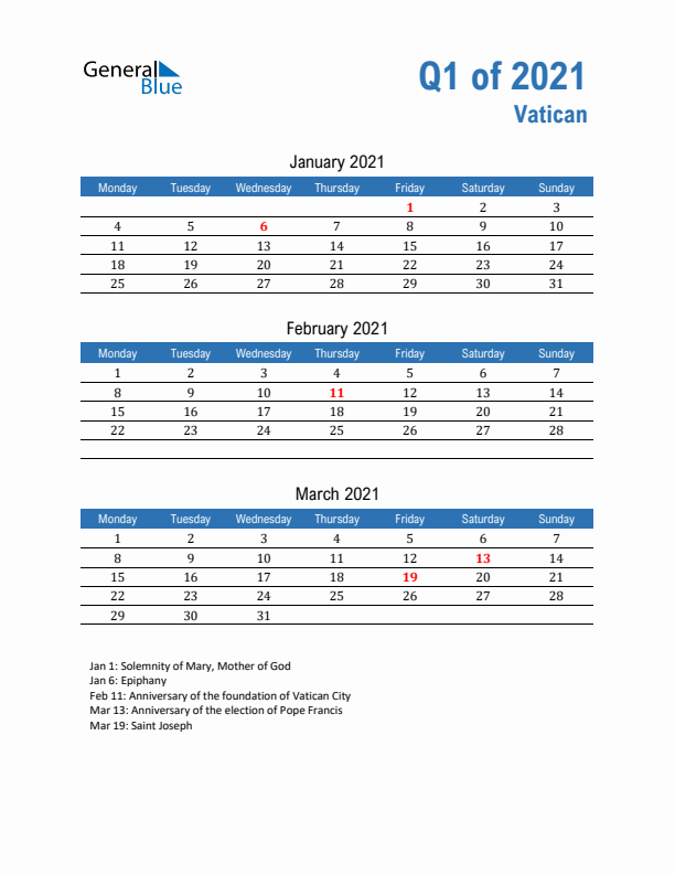 Vatican 2021 Quarterly Calendar with Monday Start