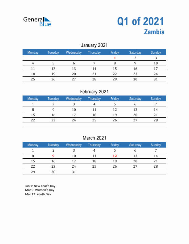 Zambia 2021 Quarterly Calendar with Monday Start