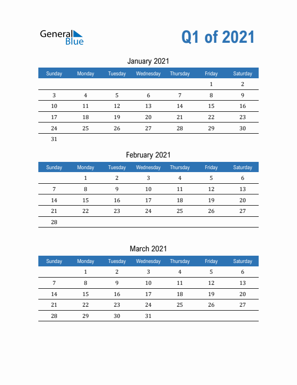 Fillable Quarterly Calendar for Q1 2021