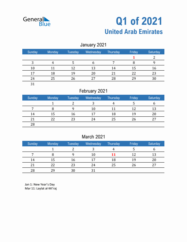 United Arab Emirates 2021 Quarterly Calendar with Sunday Start