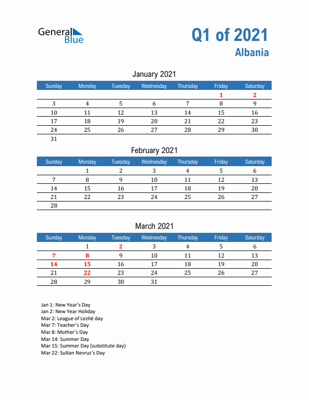 Albania 2021 Quarterly Calendar with Sunday Start