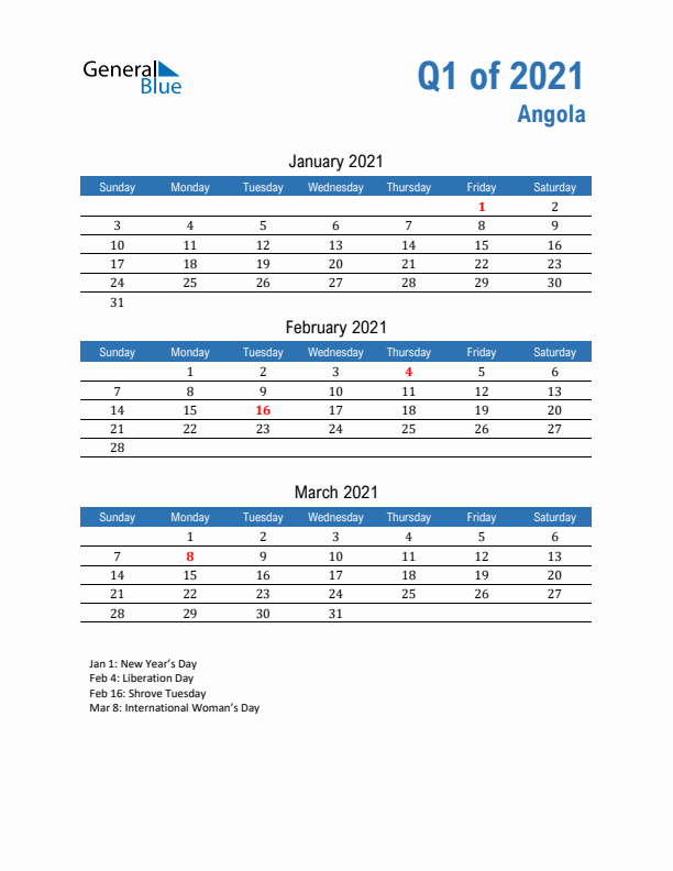 Angola 2021 Quarterly Calendar with Sunday Start
