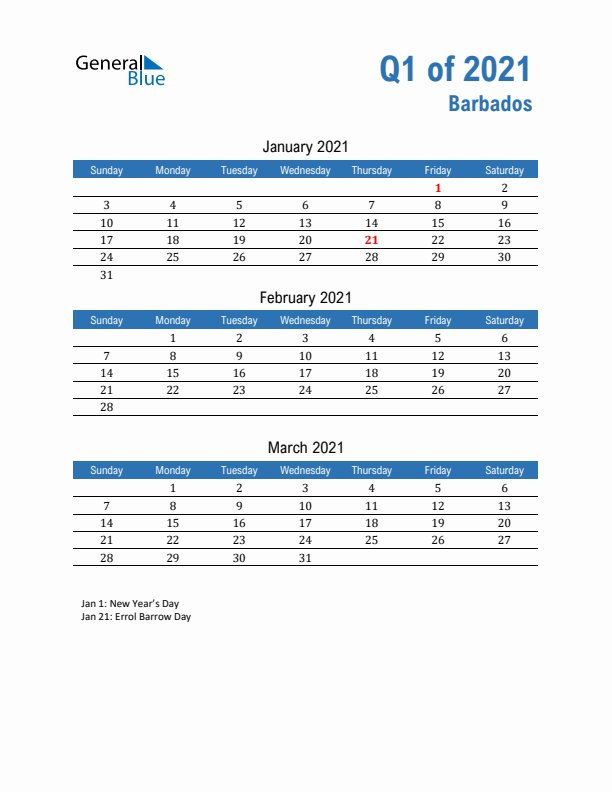 Barbados 2021 Quarterly Calendar with Sunday Start