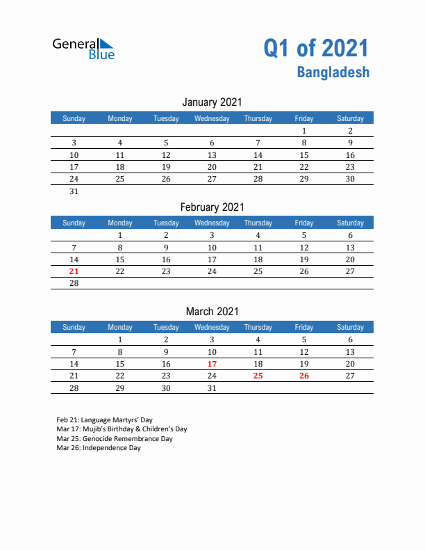 Bangladesh 2021 Quarterly Calendar with Sunday Start