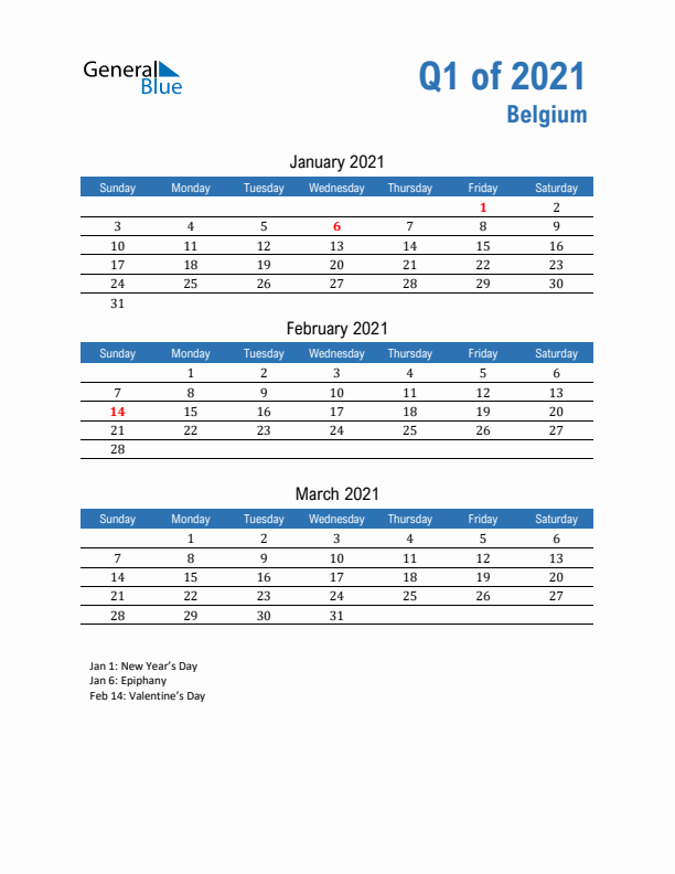 Belgium 2021 Quarterly Calendar with Sunday Start