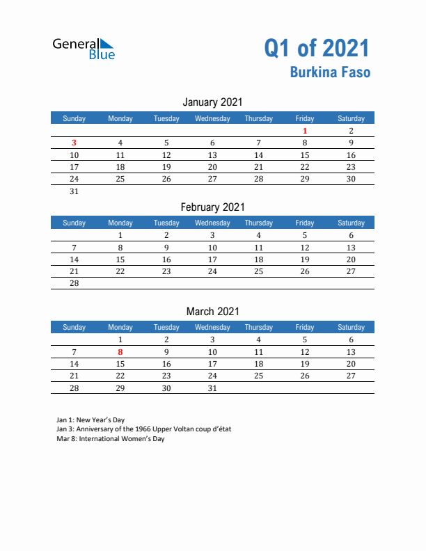 Burkina Faso 2021 Quarterly Calendar with Sunday Start