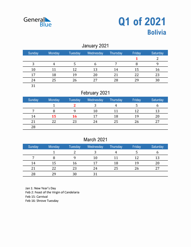 Bolivia 2021 Quarterly Calendar with Sunday Start