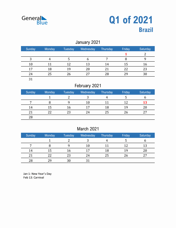 Brazil 2021 Quarterly Calendar with Sunday Start