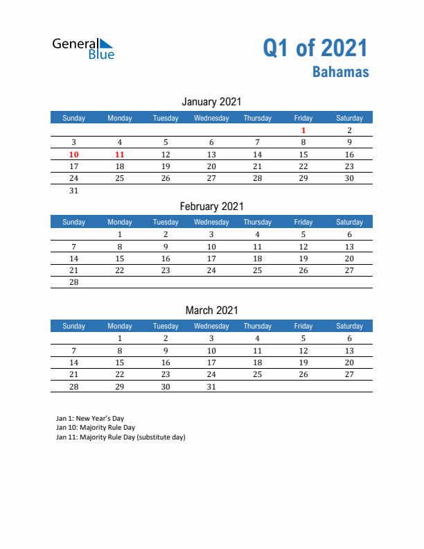 Bahamas 2021 Quarterly Calendar with Sunday Start