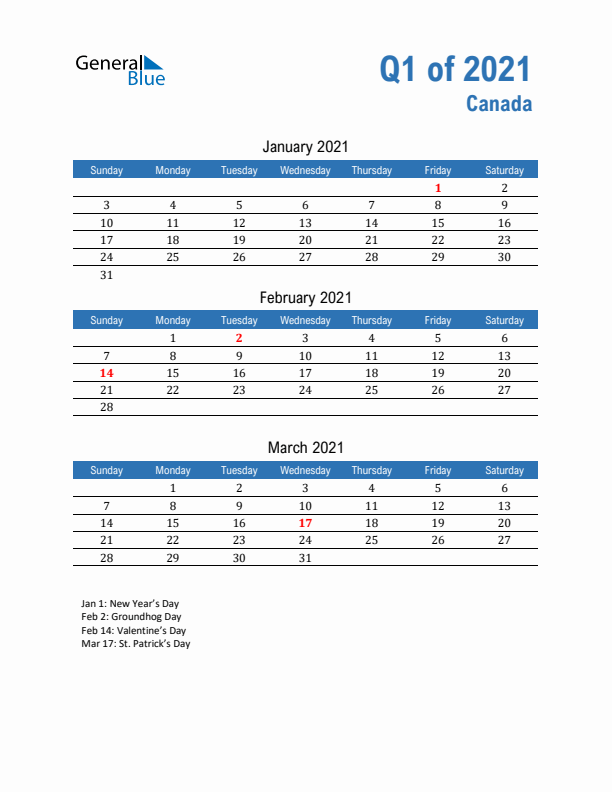 Canada 2021 Quarterly Calendar with Sunday Start