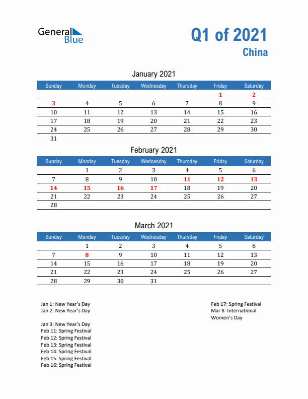 China 2021 Quarterly Calendar with Sunday Start