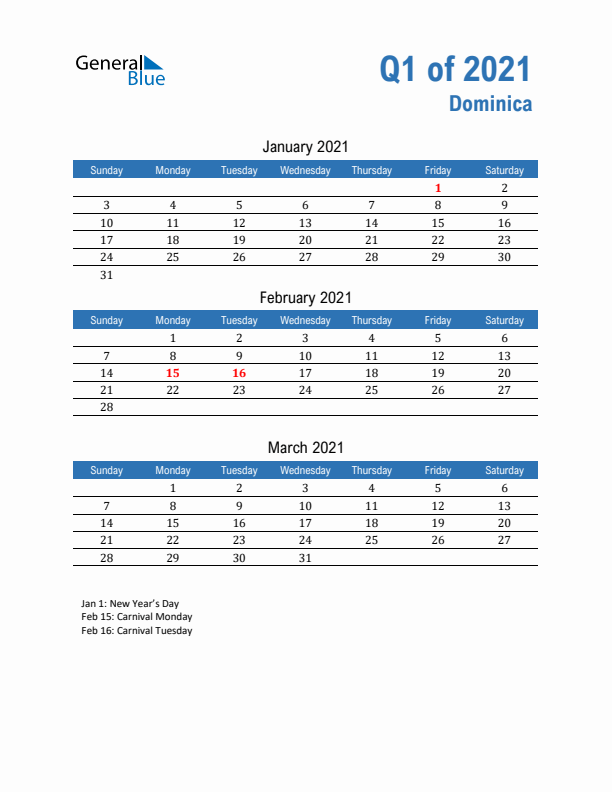 Dominica 2021 Quarterly Calendar with Sunday Start