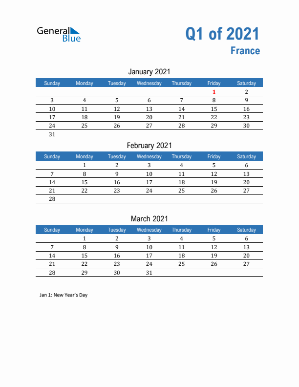 France 2021 Quarterly Calendar with Sunday Start