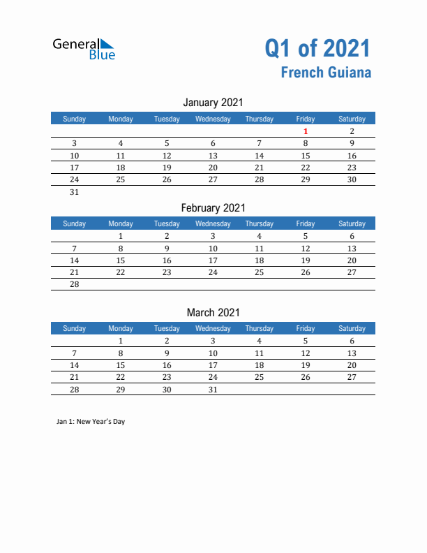French Guiana 2021 Quarterly Calendar with Sunday Start