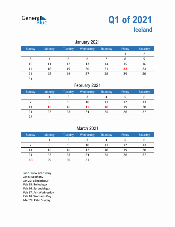 Iceland 2021 Quarterly Calendar with Sunday Start