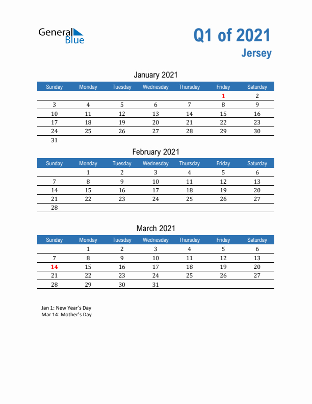 Jersey 2021 Quarterly Calendar with Sunday Start