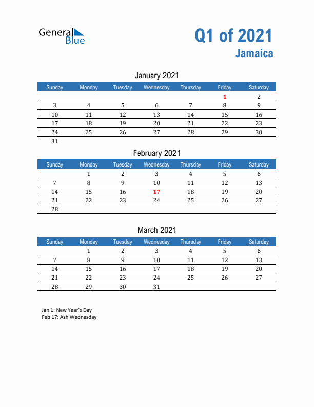 Jamaica 2021 Quarterly Calendar with Sunday Start