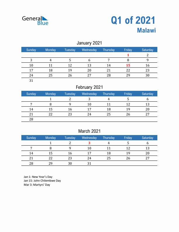 Malawi 2021 Quarterly Calendar with Sunday Start