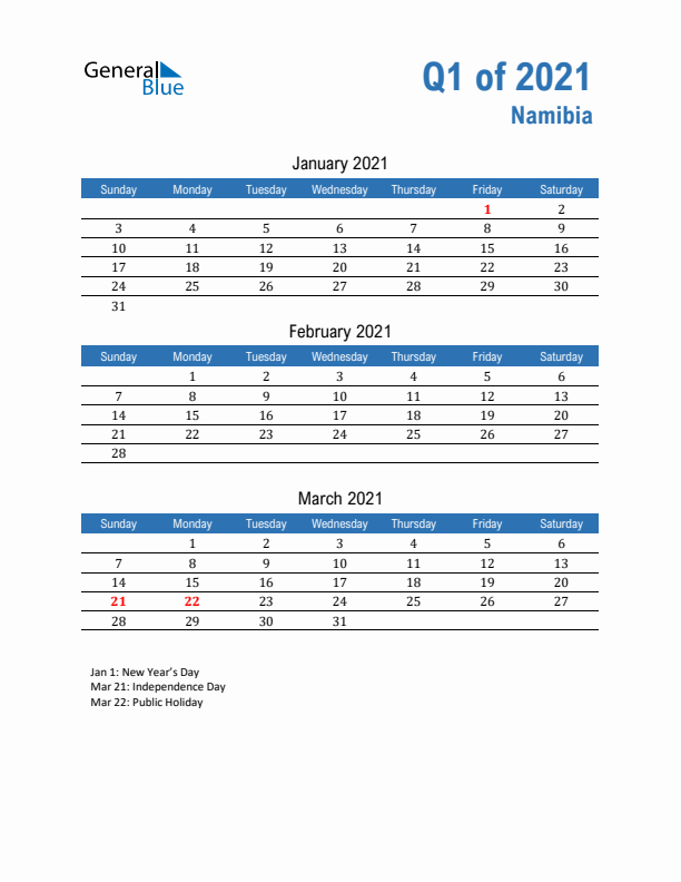 Namibia 2021 Quarterly Calendar with Sunday Start