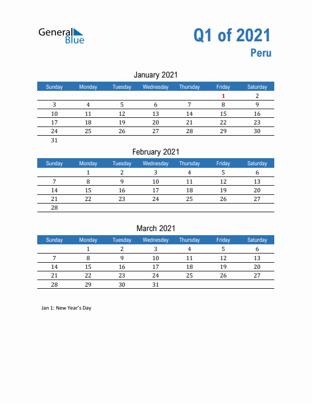 Peru 2021 Quarterly Calendar with Sunday Start