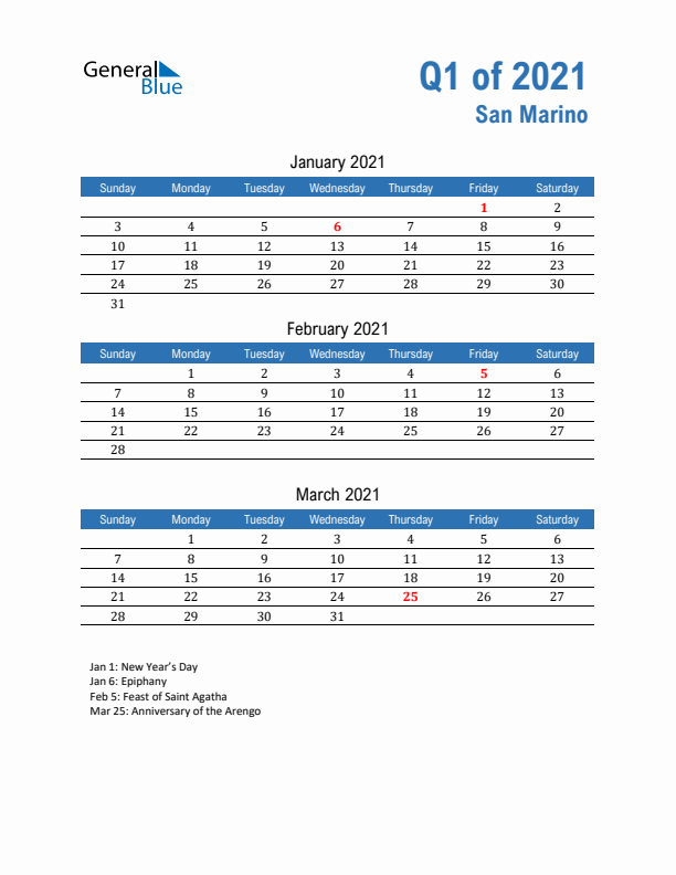 San Marino 2021 Quarterly Calendar with Sunday Start