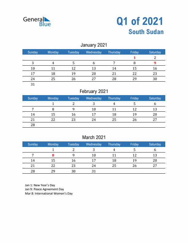 South Sudan 2021 Quarterly Calendar with Sunday Start