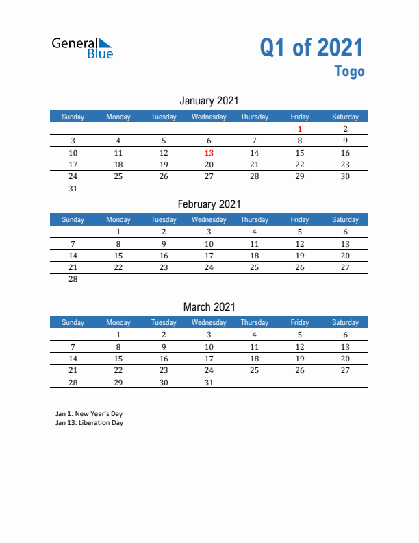 Togo 2021 Quarterly Calendar with Sunday Start