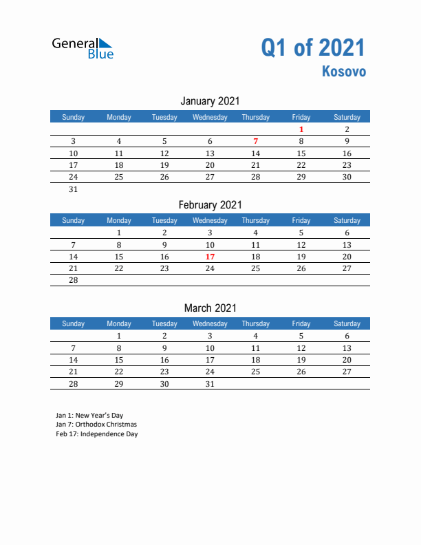 Kosovo 2021 Quarterly Calendar with Sunday Start