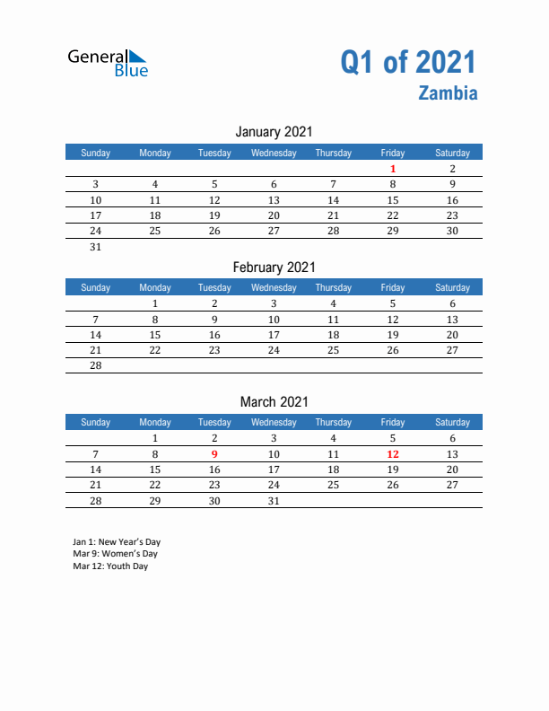 Zambia 2021 Quarterly Calendar with Sunday Start