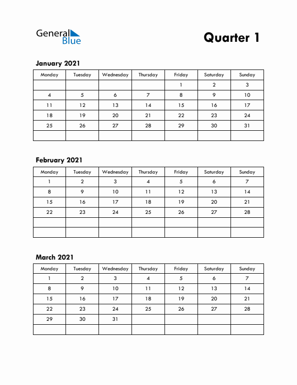 Quarter 1 2021 Calendar - Monday Start