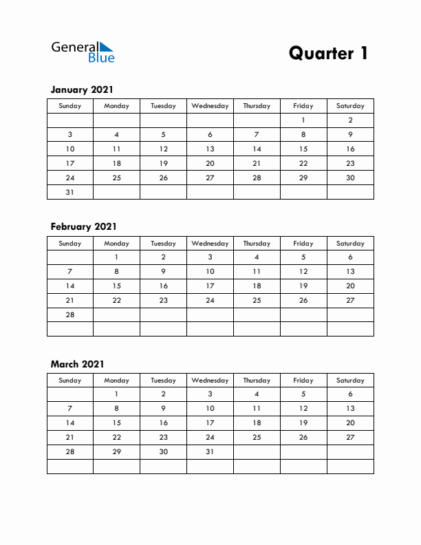 Quarter 1 2021 Calendar - Sunday Start