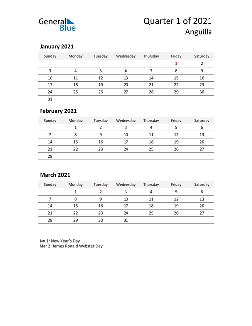  2021 Three-Month Calendar for Anguilla