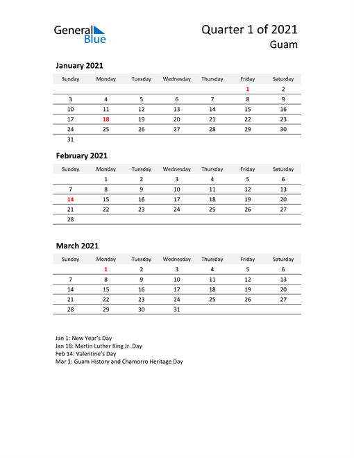  2021 Three-Month Calendar for Guam