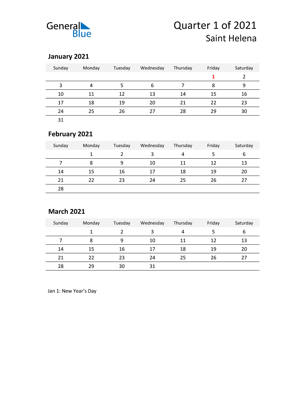  2021 Three-Month Calendar for Saint Helena