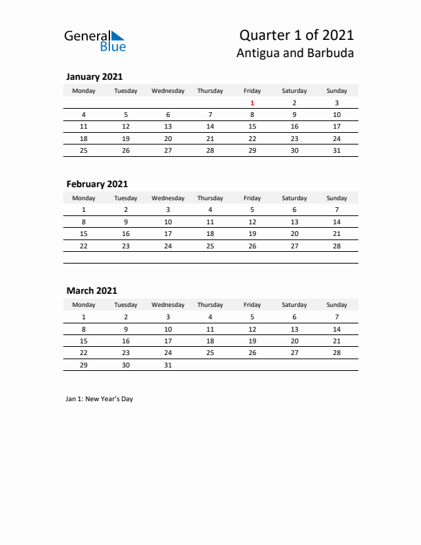2021 Three-Month Calendar for Antigua and Barbuda
