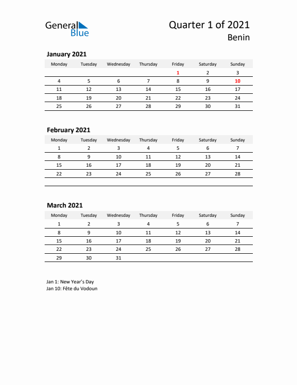 2021 Three-Month Calendar for Benin