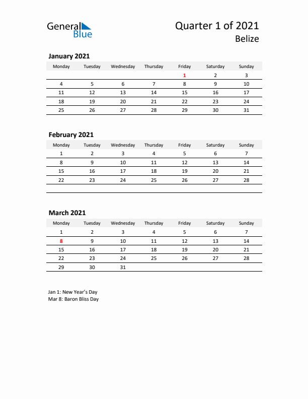 2021 Three-Month Calendar for Belize