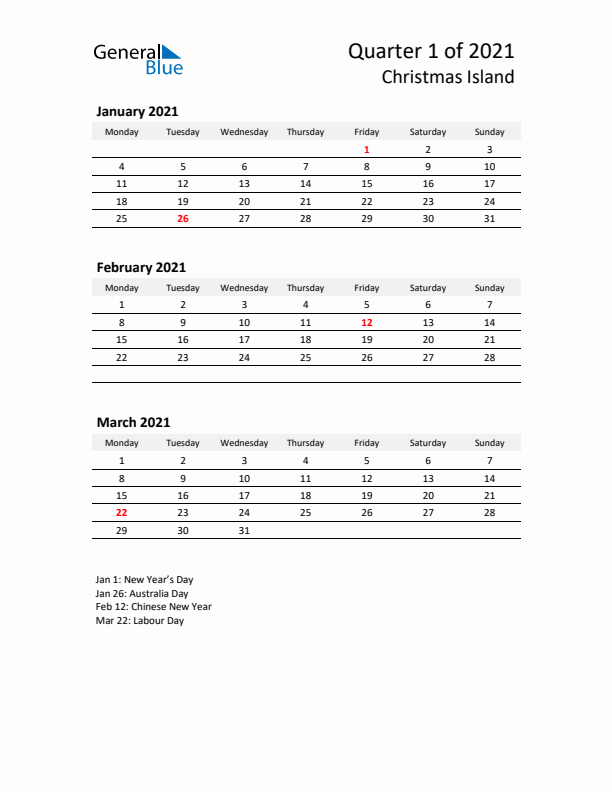 2021 Three-Month Calendar for Christmas Island