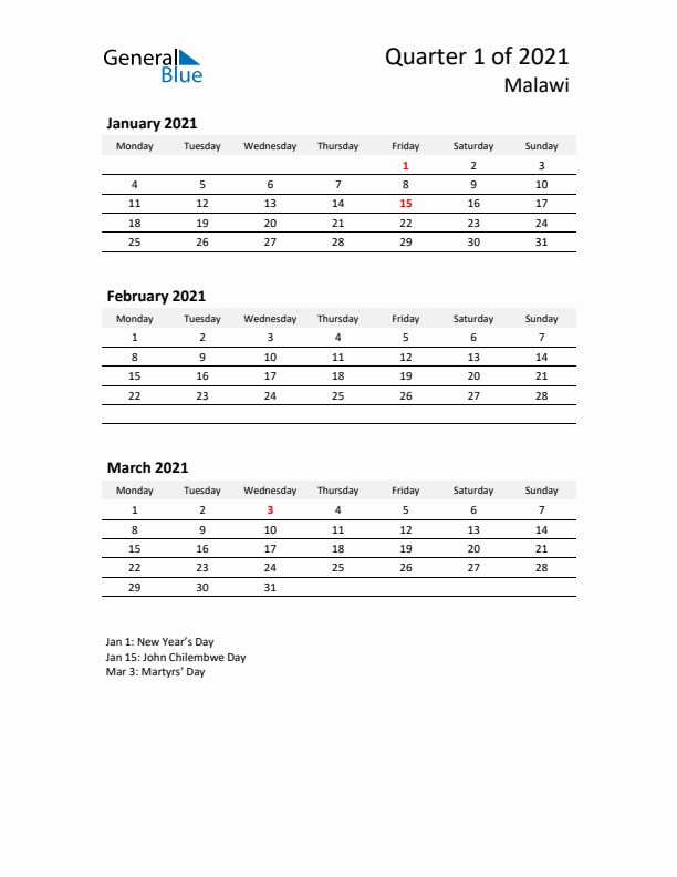 2021 Three-Month Calendar for Malawi