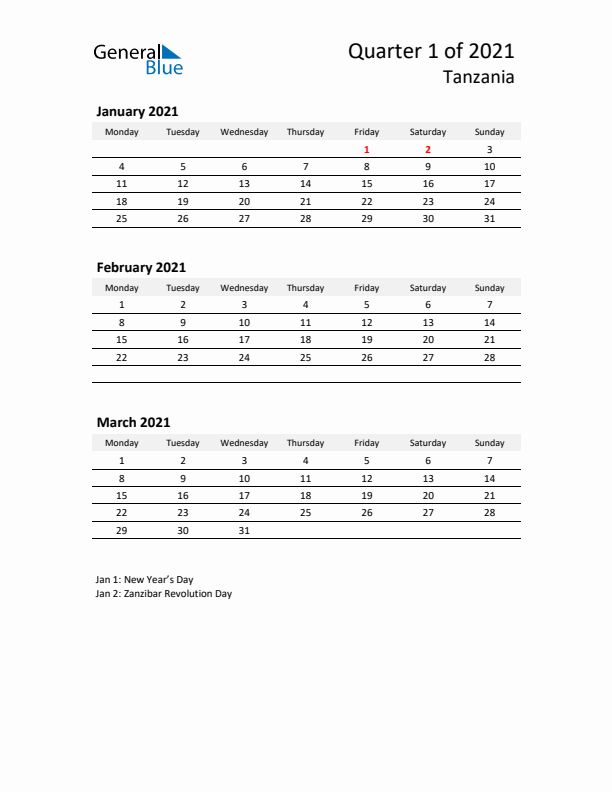 2021 Three-Month Calendar for Tanzania
