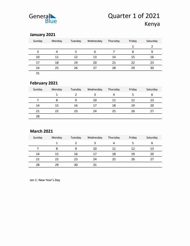 2021 Three-Month Calendar for Kenya