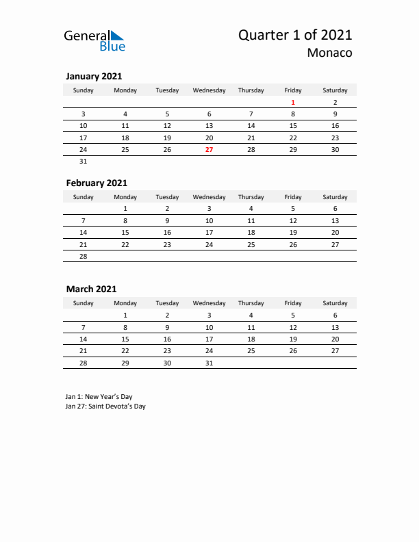 2021 Three-Month Calendar for Monaco