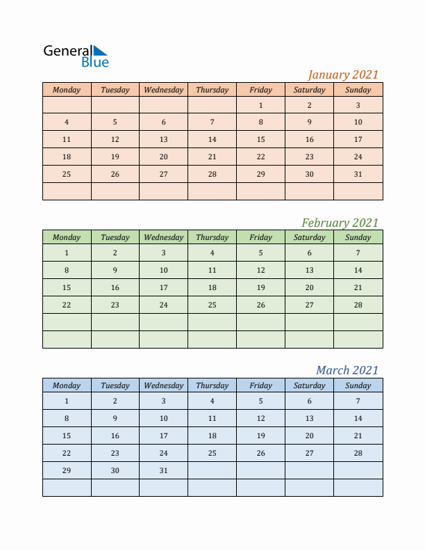 Three-Month Calendar for Year 2021 (January, February, and March)