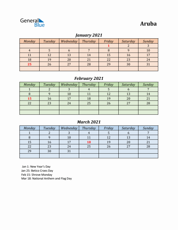 Q1 2021 Holiday Calendar - Aruba