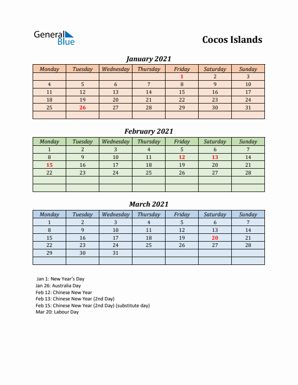 Q1 2021 Holiday Calendar - Cocos Islands