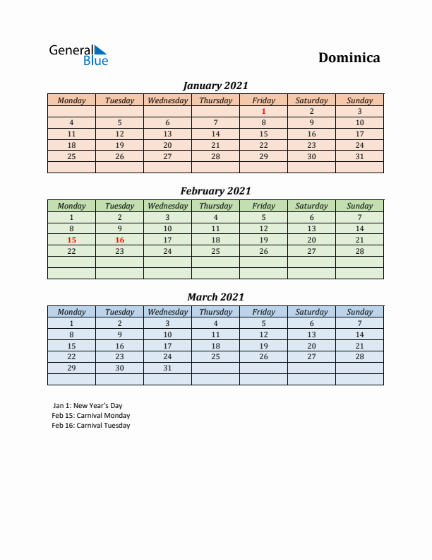 Q1 2021 Holiday Calendar - Dominica